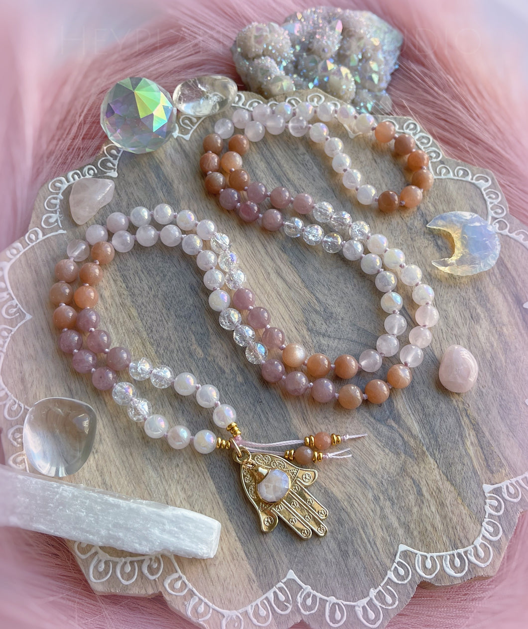 Goddess Within - 108 Mala Bead Necklace - 24k Gold Overlay Hamsa + Peach Moonstone