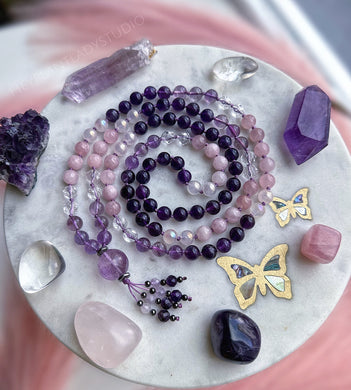 Heart + Mind Connection - 108 Mala Bead Necklace - AAA Clear Quartz + Rose Quartz + Lavender Amethyst + Aura Rose Quartz + Lavender Amethyst Guru - Amethyst Beaded Tassel