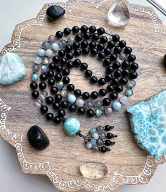 Black Sand Beach - Larimar Guru + Black Tourmaline + AAA Labradorite, Aquamarine, Quartz, Onyx 108 Mala Necklace