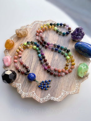 Rainbow Azul - Lapis Lazuli + Rainbow Gemstone 108 Mala Bead Necklace - Lapis Lazuli Beaded Tassel