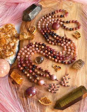Inner Fire- AAA Peach Moonstone - 108 Mala Bead Necklace - Beaded Tassel