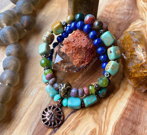 Lucky Elephant Bracelet - Natural Turquoise + Ocean Jasper + AAA Peridot