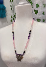 Load image into Gallery viewer, RESERVED - Butterfly Mala, mother of Pearl, black tourmaline, rose quartz, freshwater Pearl, and amethyst