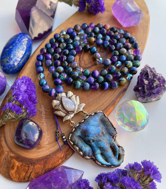 Wisdom - Tibetan Labradorite Elephant Carving - Galaxy Tigers Eye + AAA Amethyst + Blue Aura Quartz 108 Mala Necklace