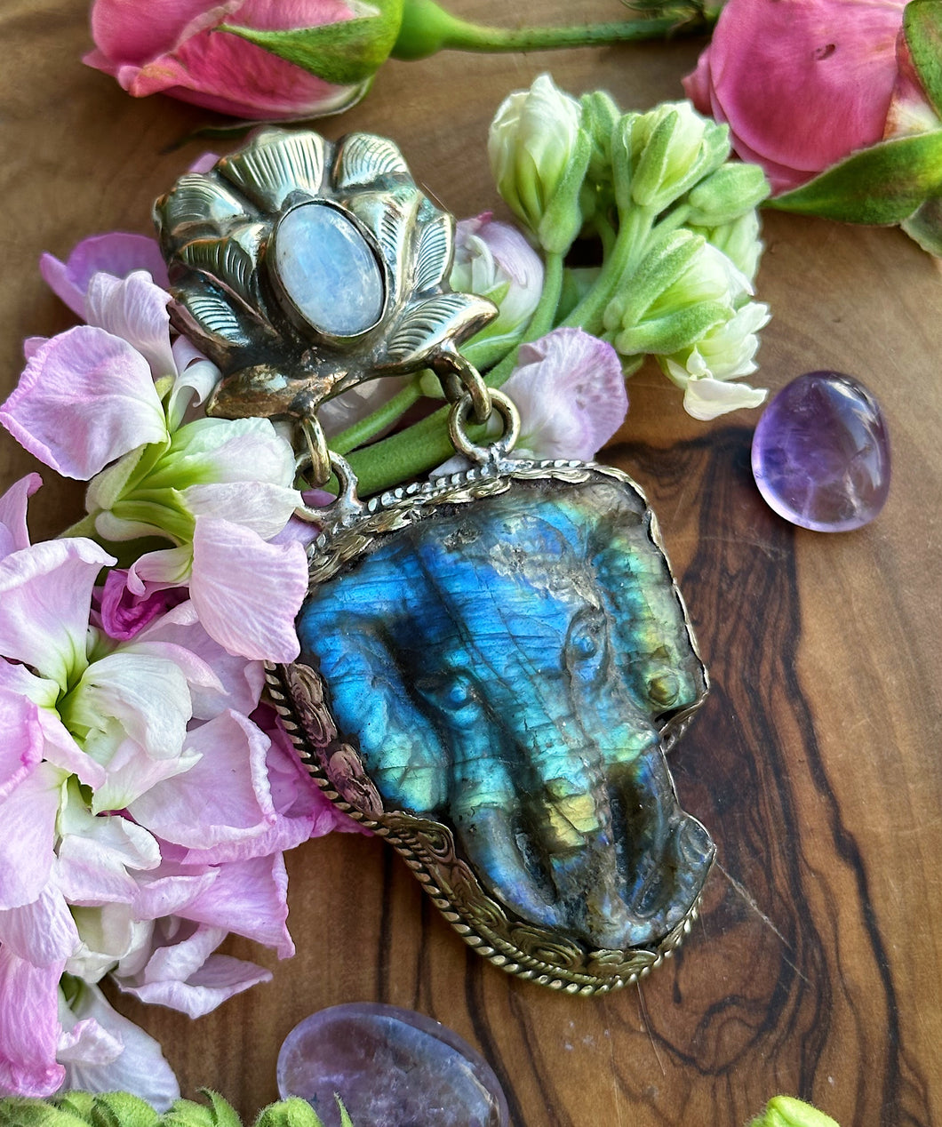 80mm Labradorite Elephant + Rainbow Moonstone Lotus Pendant