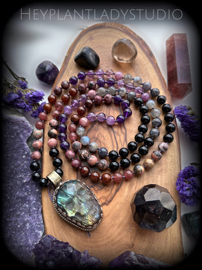 Memento Mori - Labradorite Skull - Ruby, Iolite, Labradorite, Rhodonite, Amethyst, Onyx, Hessonite Garnet, Pink Tourmaline 108 Mala Bead Necklace