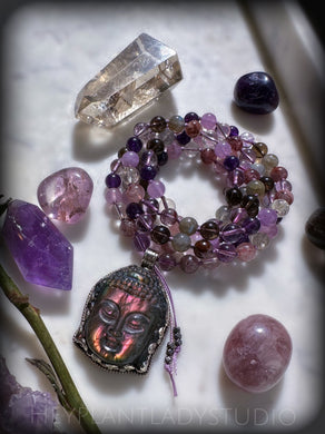 Feeling Zen - Amethyst, Citrine, Quartz, Smoky Quartz, Strawberry Quartz, Labradorite 108 Mala Necklace - Tibetan Style Purple Flash Labradorite Buddha Carving