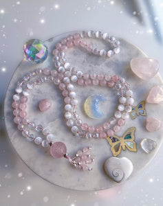 Glistening Snow - 108 Mala Necklace + Rose Quartz Guru