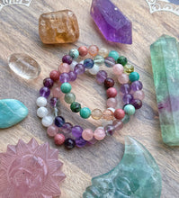 Load image into Gallery viewer, Snow Angel - Thulite, Rubies, Rainbow Moonstone, Rose Quartz, Amethyst, Fluorite Stretch Mala Bracelet