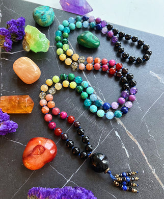 RESERVED - Kaleidoscope - Rainbow Gemstone 108 Mala Bead Necklace - Onyx Guru - Lapis Lazuli Beaded Tassel (40