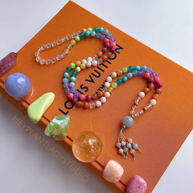 Vernal Equinox - Pastel Rainbow Gemstone 108 Mala Bead Necklace - Aquamarine Guru - Beaded Tassel (40