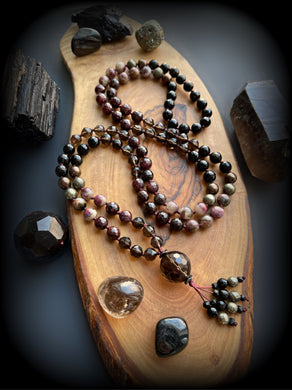 Midnight Crimson - AAA Smoky Quartz, Garnet, Red Tourmaline, AAA Onyx, Pyrite, and Hematite 8mm 108 Mala Necklace