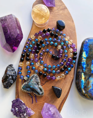RESERVED - LUCKY & JOYFUL -  Labradorite Elephant Carving - Blue Aura Quartz + Citrine + Onyx + Amethyst  108 Mala Necklace