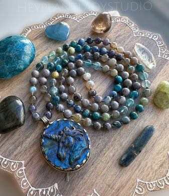 Magic + Wonder - Iolite, Labradorite, Bamboo Leaf Agate, Rutilated Quartz, Apatite, Labradorite 108 Mala Necklace - Tibetan Labradorite Unicorn Carving
