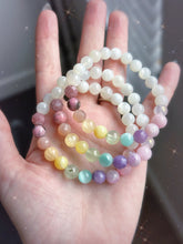Load image into Gallery viewer, Fairy Dance Bracelet - Pastel Rainbow Gemstone Stretch Mala Bracelet - Aura Rose Quartz, Rhodonite, Rose quartz, Strawberry Quartz, yellow opal, yellow selenite, prehnite, Green Moonstone, Lepidolite, Moonstone + Kunzite