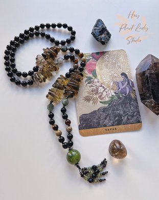 Stay Present - 108 Gemstone Mala Necklace - Smoky Quartz, Green Rutile Prism, Onyx, Tigers Eye, Jasper & Green Apatite, Black Spinel, and Onyx Tassel