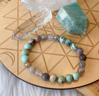 Robins Nest - 8mm Robins Egg Agate, Tourmalinated Quartz, Fossil Coral, Botswana Agate, Mystic Mocha Agate - Stretch Bracelet