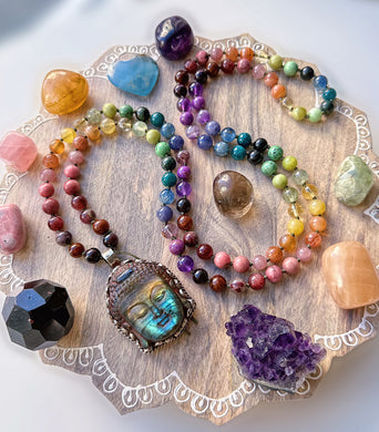 Energy Shift - 108 Rainbow Gemstone Mala Necklace - Tibetan Style Labradorite Buddha Carving