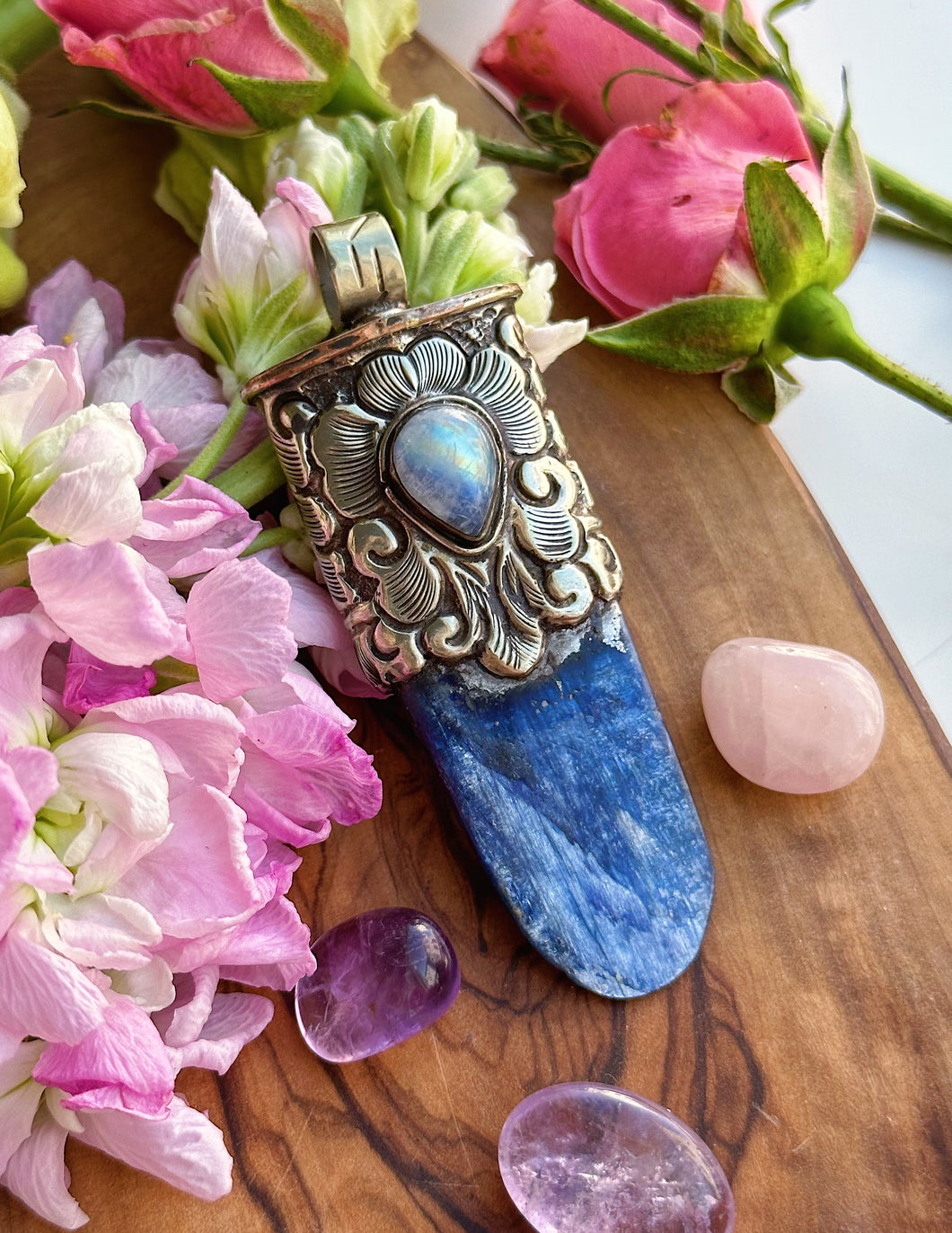 75mm Kyanite + Rainbow Moonstone Pendant