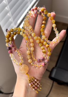 Solar Plexus - 108 Gemstone Mala Necklace - Yellow Opal Guru + Pink Opal + Yellow Apatite + Moonstone Tassel