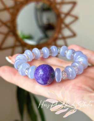 Violet Flame Healing - 19mm Charoite + Blue Chalcedony + Quartz + 925 Sterling Silver OM Spacer Stretch Mala Bracelet
