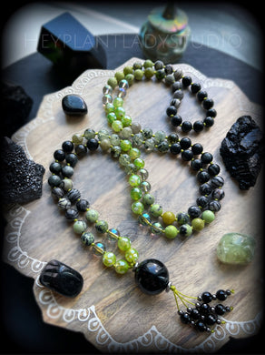 Alchemy - Prehnite, Spiderweb Jasper, Green Garnet, Chrysoprase, Aura Quartz, Mystic Agate, Eagle Eye, Obsidian 108 Mala Bead Necklace - Onyx Guru + Onyx Beaded Tassel