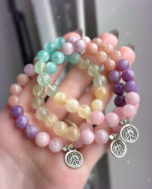 Peace - Karen Hill Tribe Silver Peace Sign + Pastel Rainbow Gemstone Stretch Mala Bracelet - Rose Quartz + Kunzite + Yellow Selenite + Prehnite +Lepidolite + Sunstone + Green Moonstone