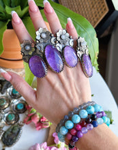 Load image into Gallery viewer, YOU PICK - Amethyst Oval + Rainbow Moonstone Moonflower Rings - Adjustable Sizes 5-15
