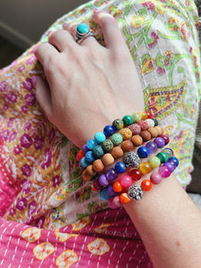 Buddha - 925 sterling - Rainbow Gemstone Stretch Mala Bracelet