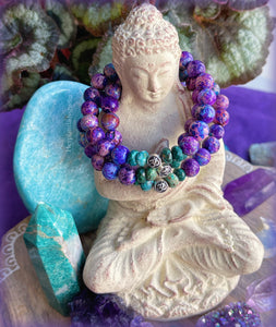 Mermaid Cove - Galaxy Jasper + Azurite + Sterling Silver OM Stretch Mala Bracelet
