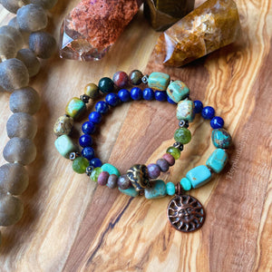 Lucky Elephant Bracelet - Natural Turquoise + Ocean Jasper + AAA Peridot