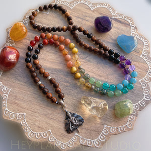 RESERVED - Enlightenment - 925 Sterling Silver Buddha Bodhi Leaf + Sandalwood + Hill Tribe Silver OM Beads + Rainbow Gemstone 108 Mala Bead Necklace (36" Loop)