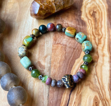 Lucky Elephant Bracelet - Natural Turquoise + Ocean Jasper + AAA Peridot