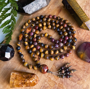 Motivated Mindset - 108 Mala Bead Necklace - Beaded Tassel - Utah Wonderstone, Petrified Wood, Flame Agate, Tigers Eye