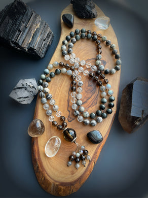 Web of Magic - AAA Clear Quartz, AAA Smoky Quartz, Labradorite, Spider Web Jasper, AAA Eagle Eye, and AAA Tourmalinated Quartz 8mm 108 Mala Necklace