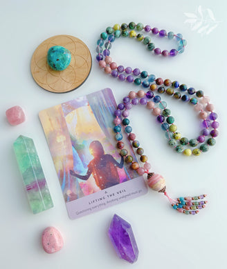 Soul Rebirth - 108 Gemstone Mala Necklace - Pink Opal Guru Bead + Pink Tourmaline, Apatite, and Amethyst Tassel