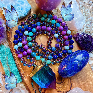 Metamorphosis Mala Necklace - Cobalt Aura Quartz, Lapis Lazuil, Larimar, Chrysocolla, Phosphosiderite