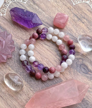 Load image into Gallery viewer, Snow Angel - Thulite, Rubies, Rainbow Moonstone, Rose Quartz, Amethyst, Fluorite Stretch Mala Bracelet