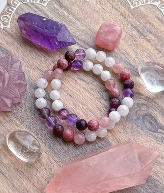 Snow Angel - Thulite, Rubies, Rainbow Moonstone, Rose Quartz, Amethyst, Fluorite Stretch Mala Bracelet