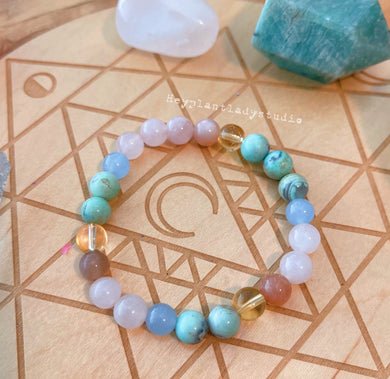 Love + Happiness - 8mm Citrine, Sunstone, Blue Chalcedony, Rose Quartz Robins Egg Agate - Stretch Bracelet