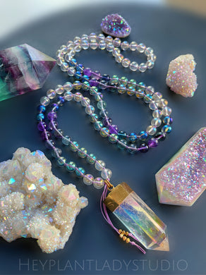 Cauldron Bubbles - Aura Quartz + AAA Rainbow Fluorite + Amethyst 108 - 8mm Mala Bead Necklace