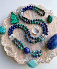 Load image into Gallery viewer, Peace on Earth - AAA Malachite, AAA Lapis Lazuli, Rainbow Moonstone, AAA Diamond Cut Clear Quartz, and Azurite 108 Mala Necklace
