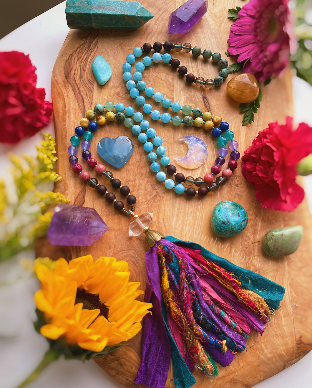 Radiance  - 108 Mala Bead Necklace - recycled sari + Quartz tassel + Rainbow Beads