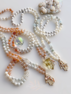 Goddess Within - Moonstone, Mother of Pearl, & Natural Jade - 108 Mala Bead Necklace - 24k Gold Overlay Hamsa + 24K Gold Rose Quartz