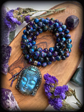 Load image into Gallery viewer, Peaceful Buddha 108 Mala Necklace - Galaxy Tigers Eye + Amethyst + Blue Aura Quartz
