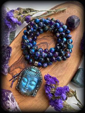 Peaceful Buddha 108 Mala Necklace - Galaxy Tigers Eye + Amethyst + Blue Aura Quartz
