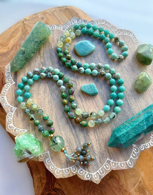 Healer’s Heart - Prehnite, Amazonite, Ruby Fuchsite, Aqua Terra Agate, 108 Mala Necklace + Prehnite Guru