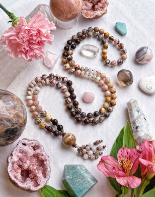 Stress Less - 108 Mala Necklace - Amazonite Guru + Moonstone & Rose Quartz Tassel