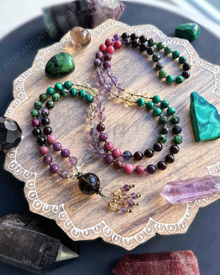 Expanding Heart- 108 Mala Bead Necklace - AAA Amethyst, AAA Citrine, Malachite, Ruby, Thulite, Ruby Zoisite, Garnet, AAA Fluorite + Smoky Quartz Guru