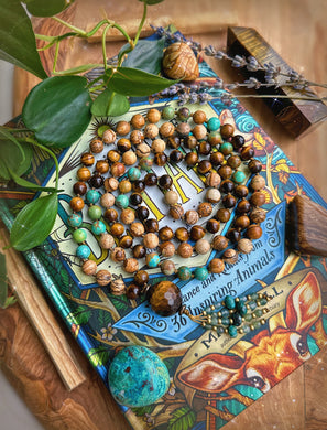 We are One - Green Turquoise, Tigers Eye, Picture Jasper 108 - Gemstone Mala Necklace - Tigers Eye Guru // Chrysocolla + Apatite Tassel